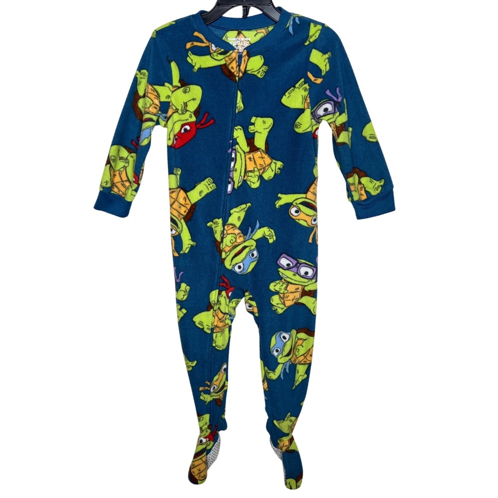 Nickelodeon TMNT Mutant Mayhem Blue Fleece Footed Pajamas Boys 3T Sleeper‎